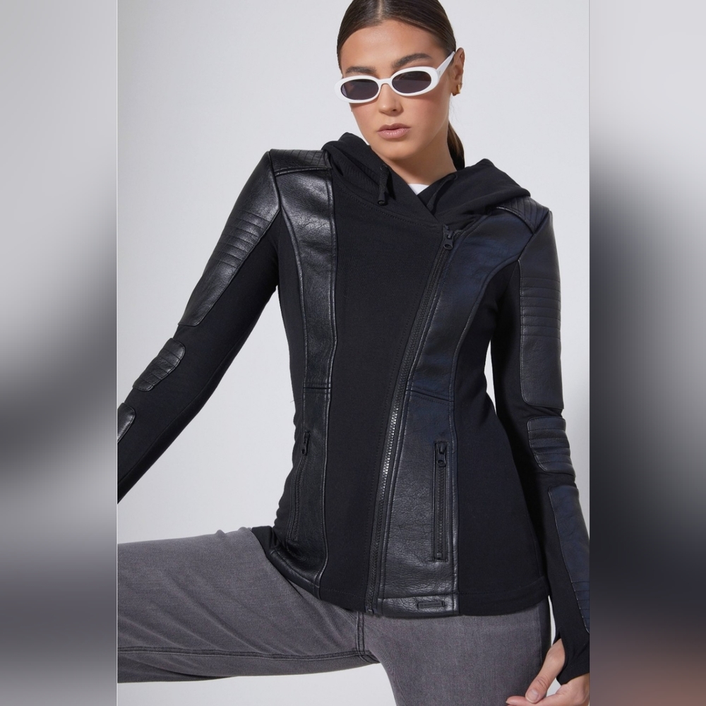 Blanc Noir Asym Hooded Faux Leather Moto Jacket | Size Small